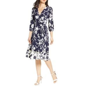 Eliza J Navy Blue & Ivory 3/4 Sleeve Floral Print Faux Wrap Dress - NWT- Reemoly